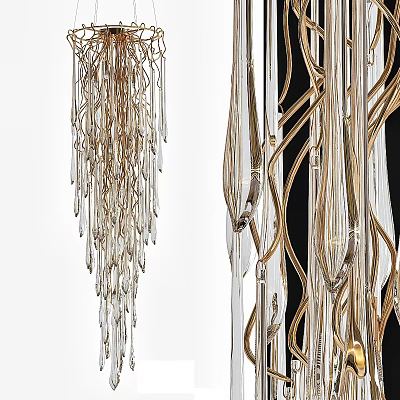 Modern Gold Chandelier With Transparent Glass Drops And Curved Metal Design 3d model