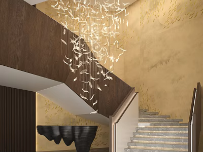 Modern Staircase Interior With Marble Steps Wooden Handrail And Decorative Chandelier 3d model