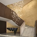Modern Staircase Interior With Marble Steps Wooden Handrail And Decorative Chandelier