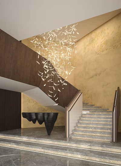 Modern Staircase Interior With Marble Steps Wooden Handrail And Decorative Chandelier 3d model