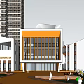 Modern School Building With Orange Red White Facade Long Windows And Reflection On Wet Ground