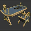 Blue And Gold Desk With Matching Chair And Elegant Design Featuring Lamp Candlestick And Books