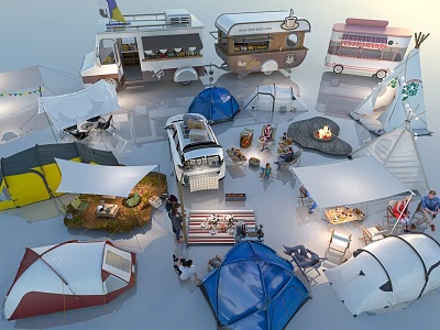 Colorful Camping Tents In Outdoor Scene With Camper Vans Campfire Tables Chairs And People 3d model