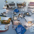 Colorful Camping Tents In Outdoor Scene With Camper Vans Campfire Tables Chairs And People