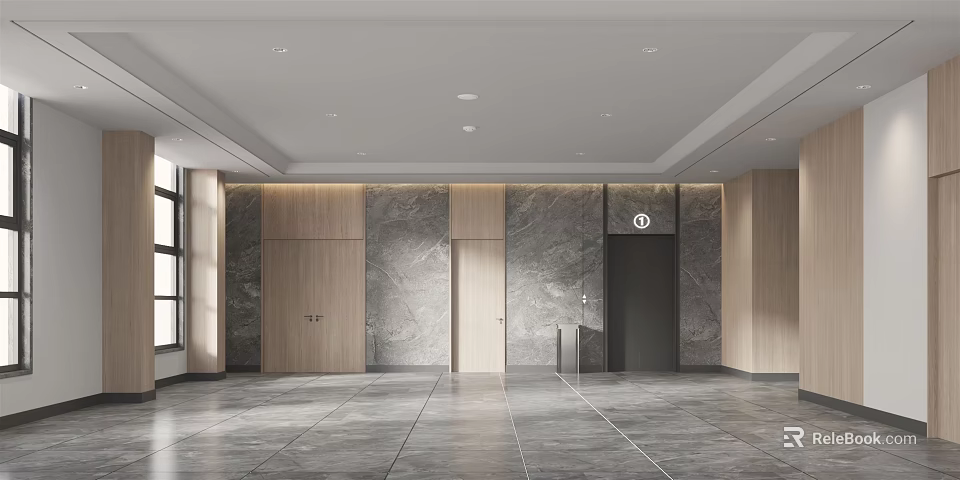 Modern Elevator Lobby With Marble Wood Walls Tile Floor And Ceiling Lights 3d model
