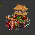Cartoon Chinese Traditional Tower Scene With Red Roof Green Plants And Cartoon Figures