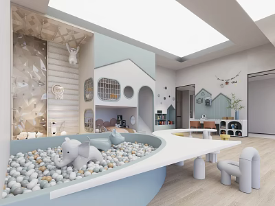 Bright Playroom Interior With Blue Ball Pit Elephant Toy Little House Structures And Table Chairs 3d model