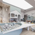Bright Playroom Interior With Blue Ball Pit Elephant Toy Little House Structures And Table Chairs