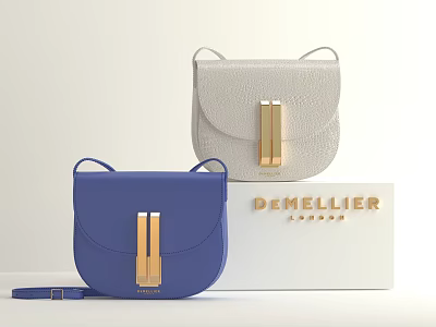 DEMELLIER Blue And Beige Saddle Handbags With Golden Metal Buckles And Brand Box 3d model