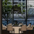 Elegant Private Dining Box With Round Table Chairs Pendant Lamp And Trees Outside Window 3d model