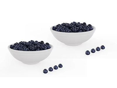 Fresh Plump Blueberries Filled in Two White Bowls with Scattered Berries Around 3d model