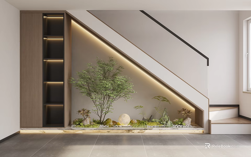 Modern Under Stairs Decor With Green Plants Stones And Lighting Strips 3d model 