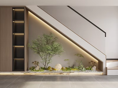 Modern Under Stairs Decor With Green Plants Stones And Lighting Strips 3d model