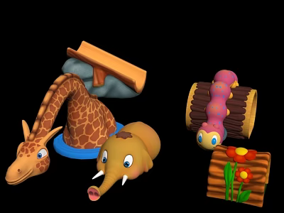 Colorful Reptile Toy Set With Giraffe Elephant Head Wooden Bridge And Red Flowers 3d model