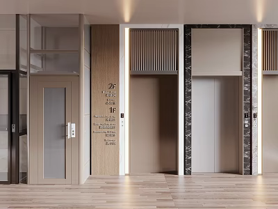 Modern Elevator Interior Design With Glass Door Wooden Panel And Metal Frame 3d model