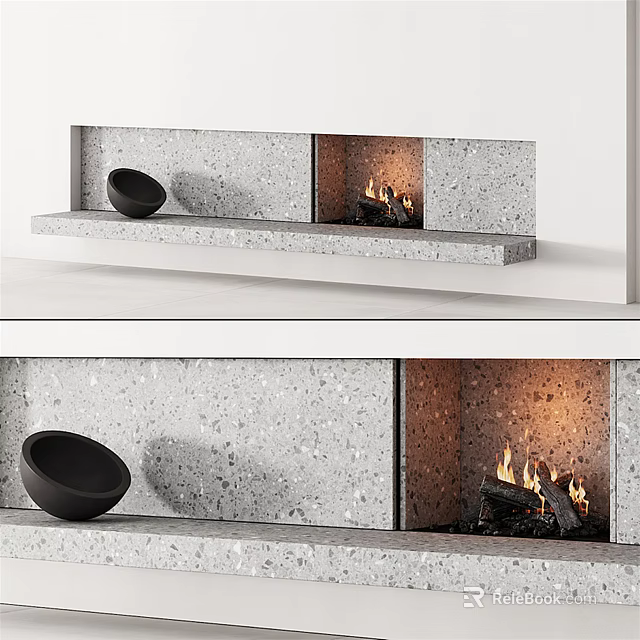 Minimalist Concrete Fireplace Design With Burning Fire And Decorative Bowl In Modern Living Interior 3d model 