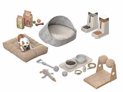 Essential Pet Supplies Collection With Bed Food Toys Bowls And Feeding Station 3d model