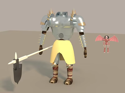 Game Character In Silver Spiked Armor With Polearm And Small Red Winged Companion 3d model