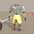 Game Character In Silver Spiked Armor With Polearm And Small Red Winged Companion