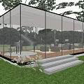 Modern Glass House With Transparent Walls Green Lawn Steps And Interior Furniture