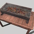 Modern Rectangular Metal Kitchenware with Charcoal Placed on Wooden Kitchen Table 3d model