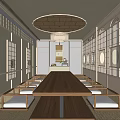 Japanese style Private Room Interior With Long Wooden Table Bench Seats And Circular Windows