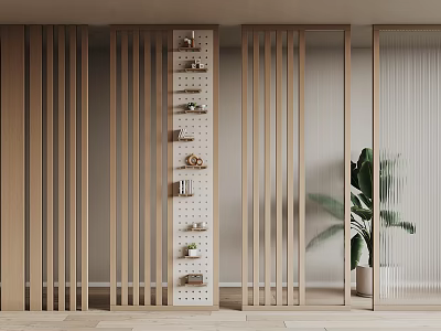 Wooden Room Dividers With Slatted Design Shelves And Potted Plant In Modern Interior 3d model