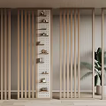 Wooden Room Dividers With Slatted Design Shelves And Potted Plant In Modern Interior