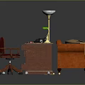Functional Workspace Interior With Wooden Desk Swivel Chair Orange Sofa Lamps Documents And Telephone
