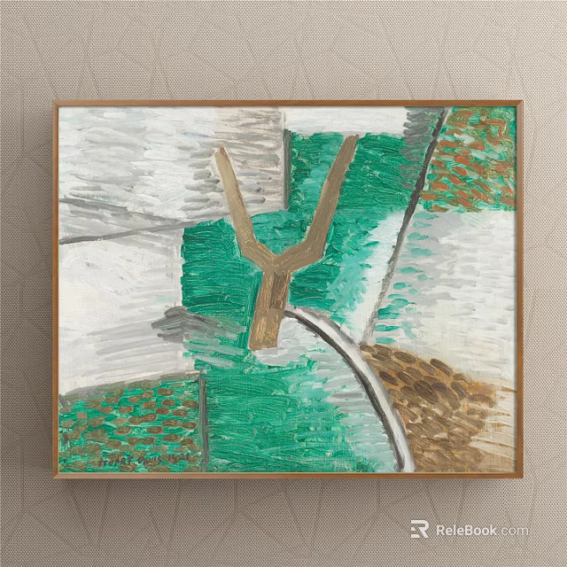Modern Abstract Oil Painting With Green White Brown Hues And Textured Brushstrokes 3d model 