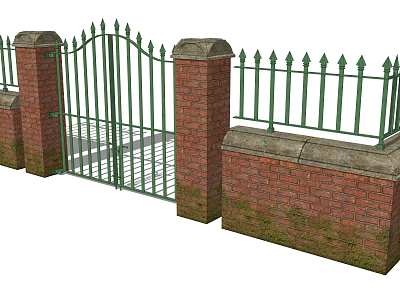Green Metal Entrance Gate With Pointed Top And Stone Capped Red Brick Pillars 3d model