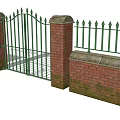 Green Metal Entrance Gate With Pointed Top And Stone Capped Red Brick Pillars