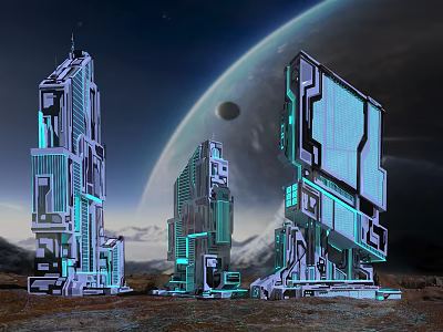 Tall Futuristic Illuminated Structures With Blue Lights Against Planet And Mountains 3d model