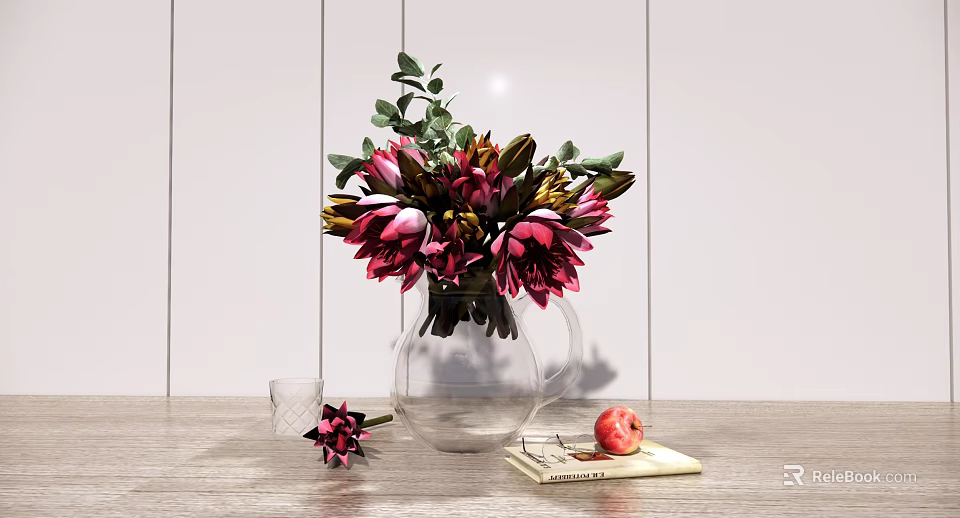 Transparent Glass Vase With Pink Red Flowers Green Leaves On Tabletop With Book And Pomegranate 3d model 