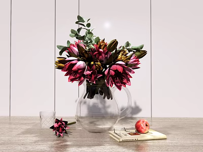 Transparent Glass Vase With Pink Red Flowers Green Leaves On Tabletop With Book And Pomegranate 3d model