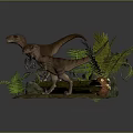 Two Dinosaurs Standing On Log With Ferns And Rocks In Prehistoric Scene