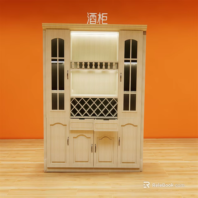 Light Wood Wine Cabinet With Glass Doors And Wine Rack In Orange Wall Interior 3d model 