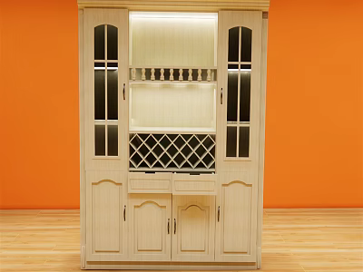 Light Wood Wine Cabinet With Glass Doors And Wine Rack In Orange Wall Interior 3d model