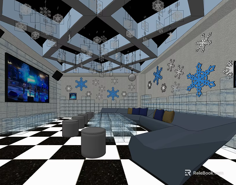 Modern KTV Open Space With Large Screen Snowflake Decorations Crystal Chandeliers And Blue Sofas 3d model