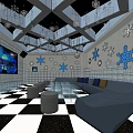 Modern KTV Open Space With Large Screen Snowflake Decorations Crystal Chandeliers And Blue Sofas 3d model