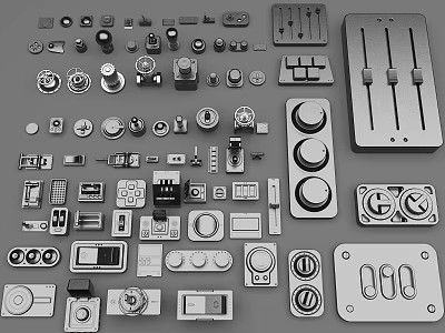 Various Switch Panels With Different Control Buttons Knobs And Designs 3d model