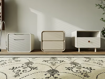Three Minimalist Bedside Tables With Drawers In White And Beige Bedroom Design 3d model