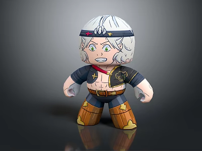 Cartoon Doll with White Hair Headband Blue Outfit Red Sash Brown Pants and Yellow Stars 3d model