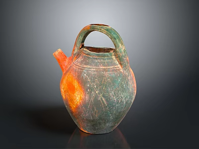 Carved Ceramic Sculpture With Green Orange Hues Textured Surface And Curved Spout Handle 3d model
