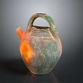 Carved Ceramic Sculpture With Green Orange Hues Textured Surface And Curved Spout Handle