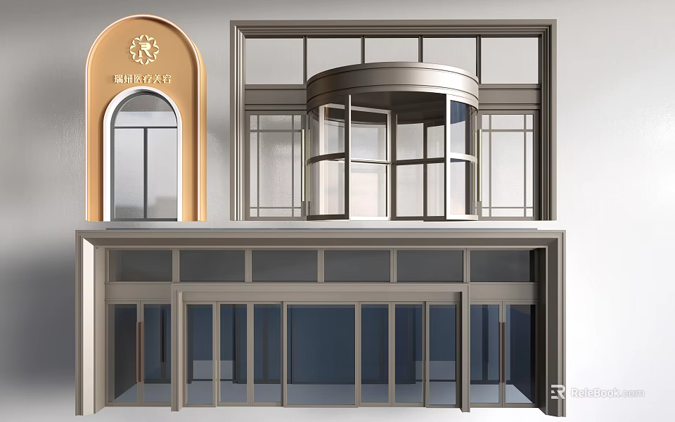 Elegant Modern Building Entrance With Revolving Door Glass Doors And Decorative Sign 3d model 