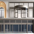 Elegant Modern Building Entrance With Revolving Door Glass Doors And Decorative Sign