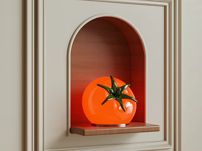 Orange Tomato Shaped Lamp In Wooden Arched Niche On Light Wall With Decorative Trim 3d model