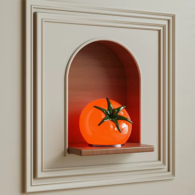 Orange Tomato Shaped Lamp In Wooden Arched Niche On Light Wall With Decorative Trim 3d model