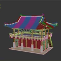 Traditional Asian Tower With Purple Tiled Roof Red Pillars Decorative Eaves And Green Red Walls
